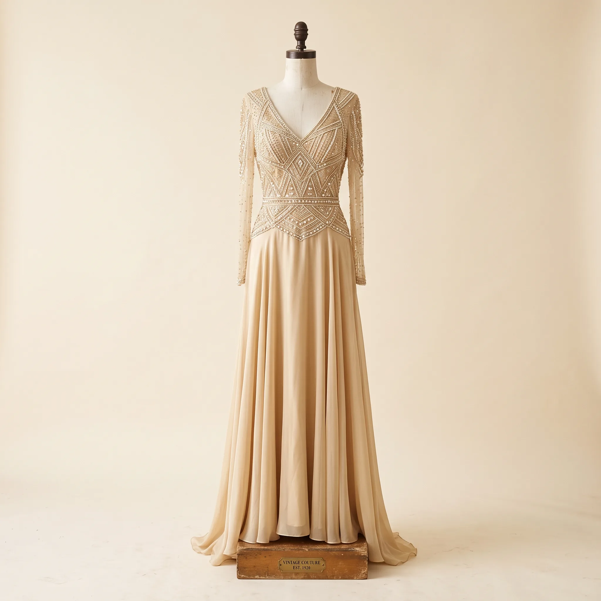 Vintage couture champagne-gold beaded evening gown on a dress form — one of a kind
