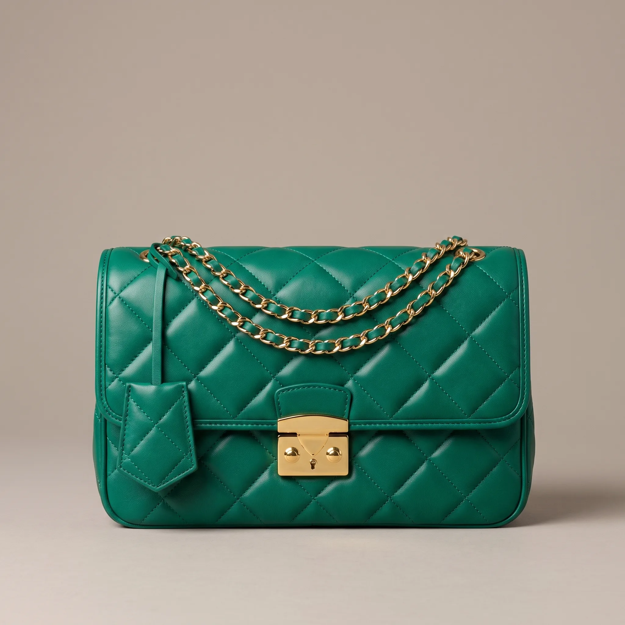 Emerald quilted leather designer handbag with a gold chain strap, studio photographed