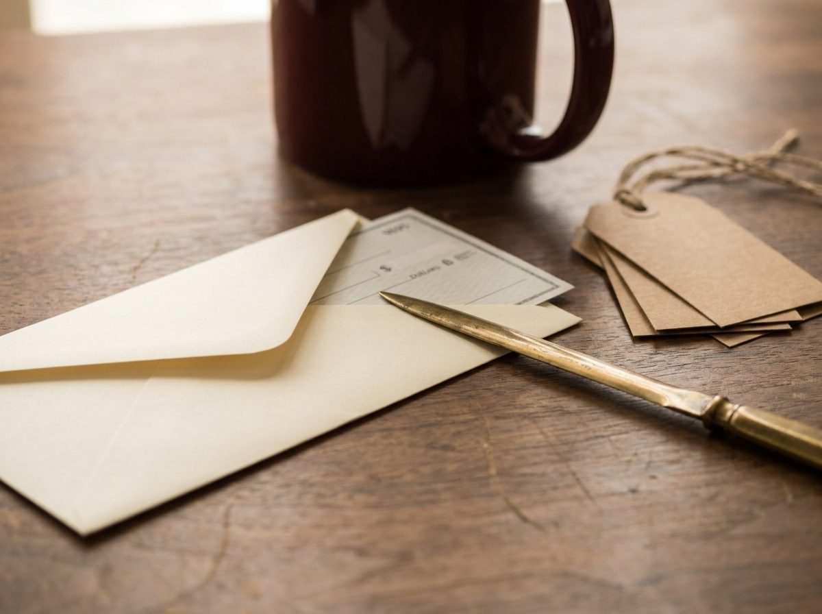 A consignor payout check in a cream envelope on a walnut shop counter