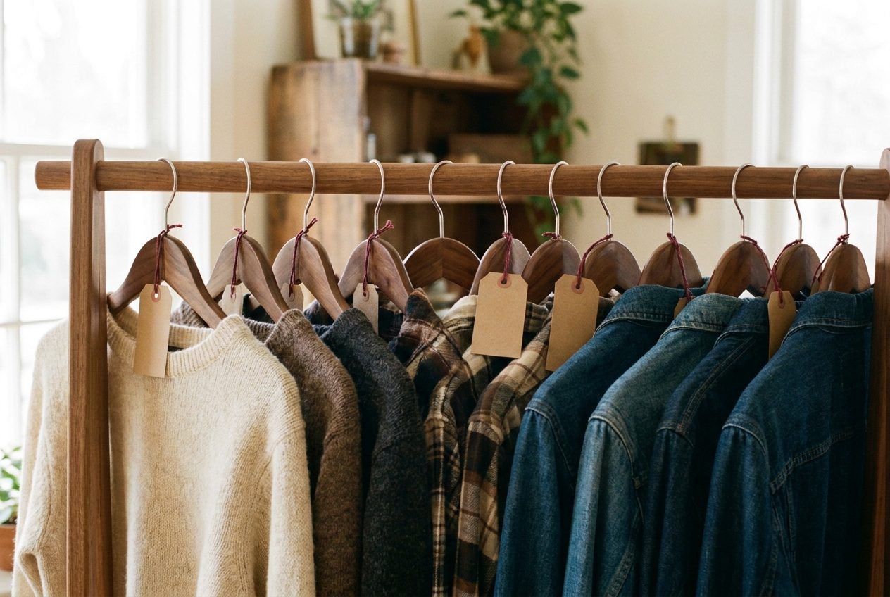 A rack of vintage garments, each with a kraft-paper hang tag